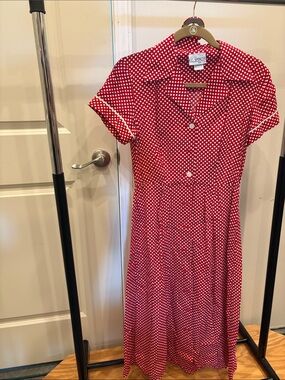 1980s K.C. Spencer New York Red and White Polka Dot Button up Dress with Belt